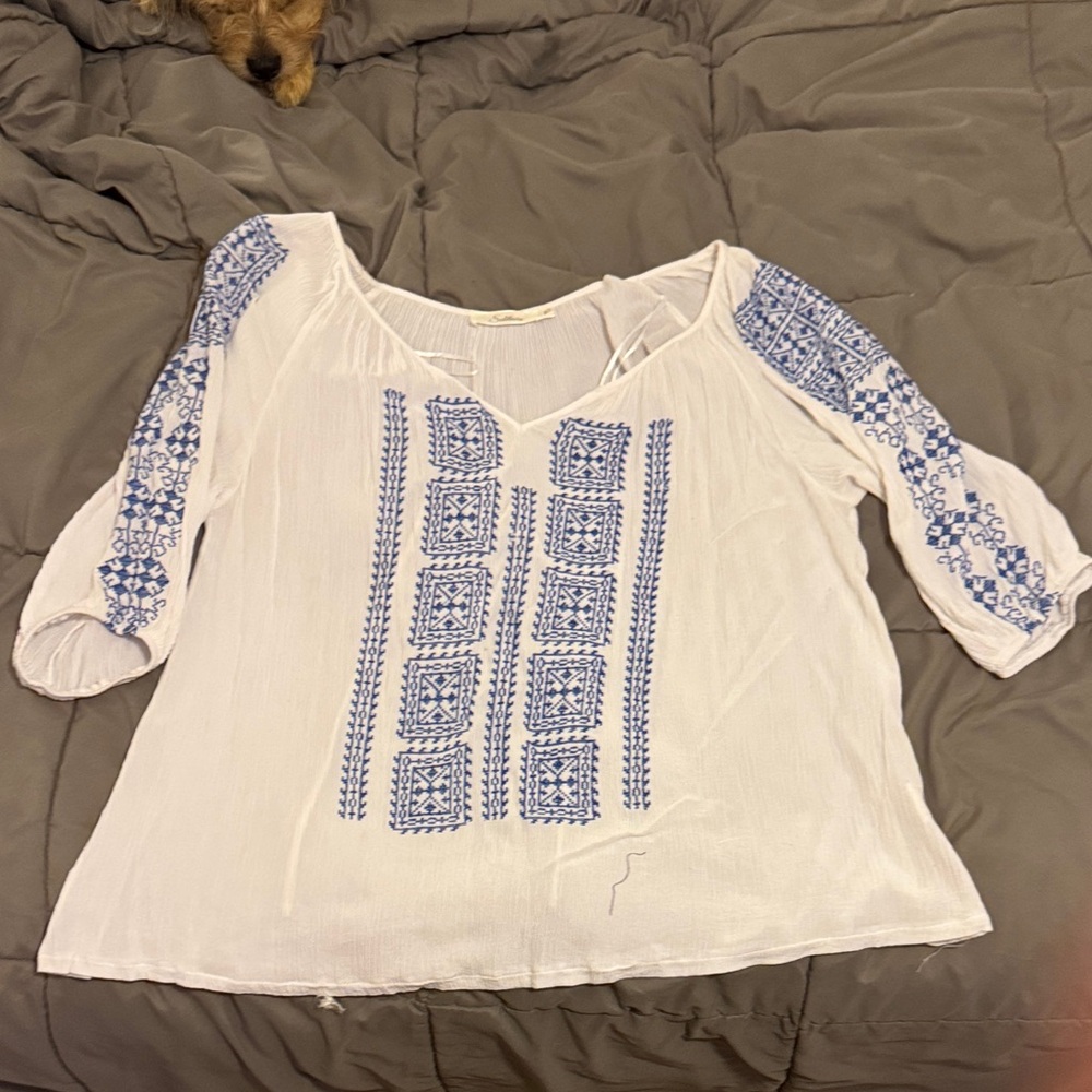Elegant White and Blue Embroidered Blouse